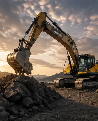 Heavy excavator working on rough terrain